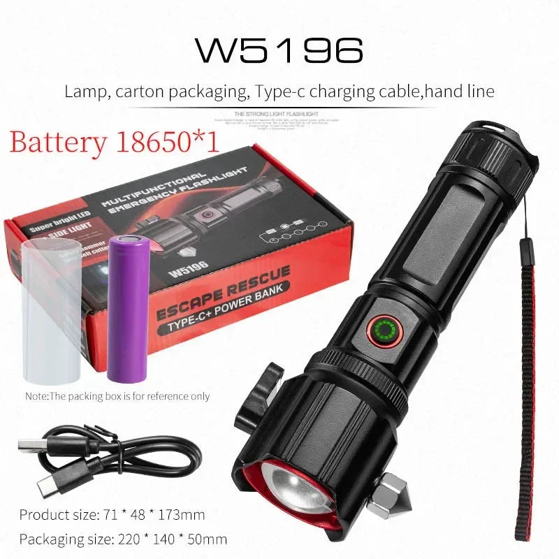 High Power Zoom LED Flashlight with USB Charging COB Safety Hammer Multi-functional Waterproof Aluminum Alloy White Laser Torch