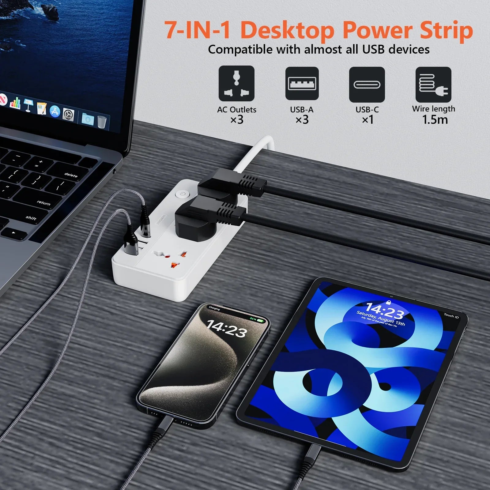 Power Multi Tap Universal Plug EU Outlet Power Strip with 1.5m Extension Cord AC Type C USB Port Charge Electrical Socket