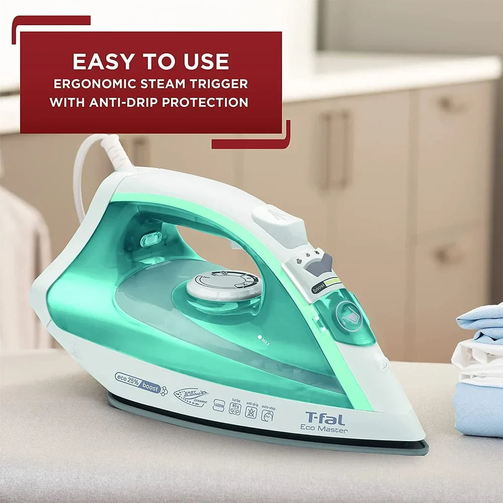 1400W Eco-Friendly Steam Iron with Ergonomic Trigger Ceramic Soleplate Anti-Drip Feature 80g Steam Boost Efficient Ironing