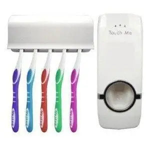 Home Family Automatic Auto Toothpaste Dispenser and 5 Toothbrush Holder Set Wall Mount Stand Toothpaste Squeezer