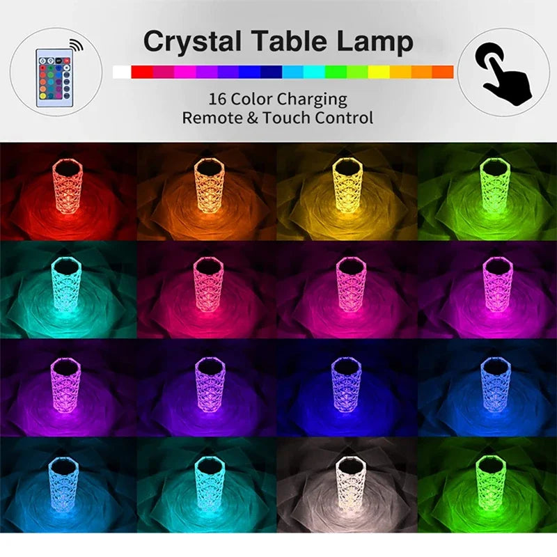 LED Rose Lamp Crystal Table Lamp 3/16 Colors Touch/Remote Diamond  Romantic Christmas USB Party Night Light Projector Light