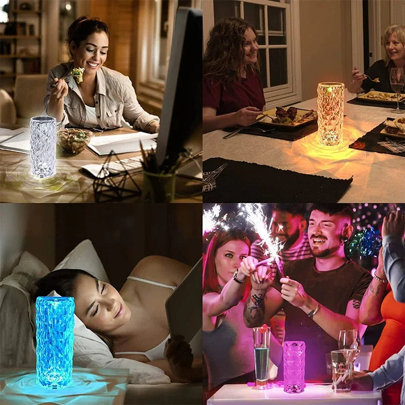 LED Rose Lamp Crystal Table Lamp 3/16 Colors Touch/Remote Diamond  Romantic Christmas USB Party Night Light Projector Light